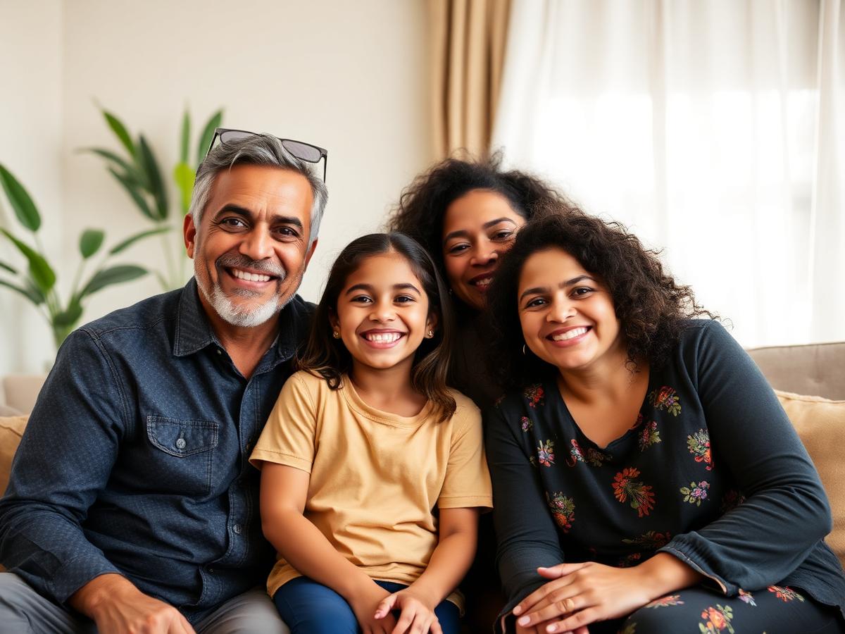 Família brasileira sorrindo em casa