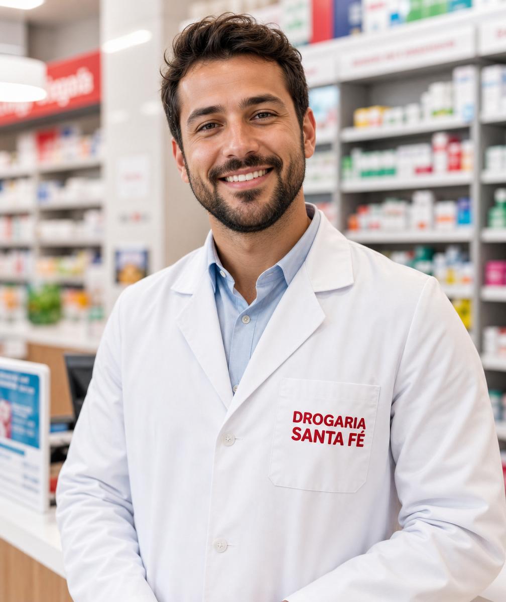 Farmacêutico da Drogaria Santa Fé em atendimento